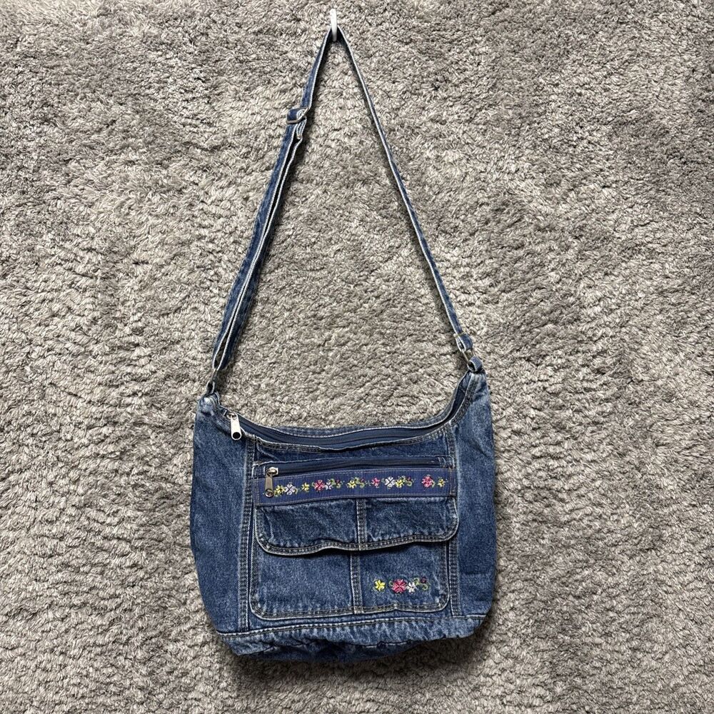 Vintage 90s Denim Purse Floral Embroidered Pockets Hobo Shoulder Bag Adjustable